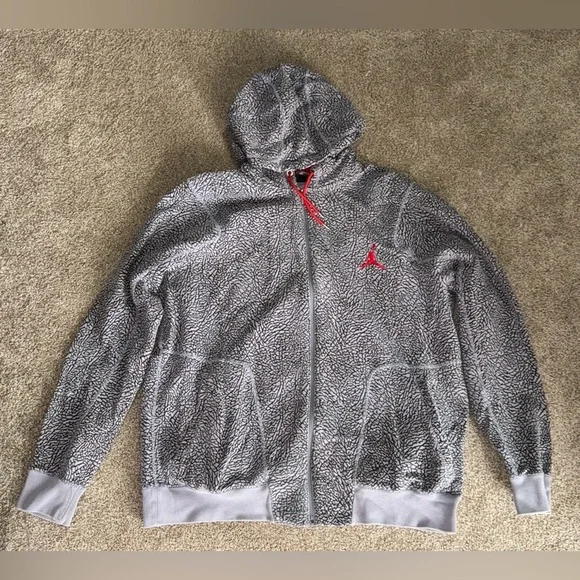 Men’s Nike Jordan Retro Elephant Cement Gray Red Hoodie Zip Up Jacket  Size XXL